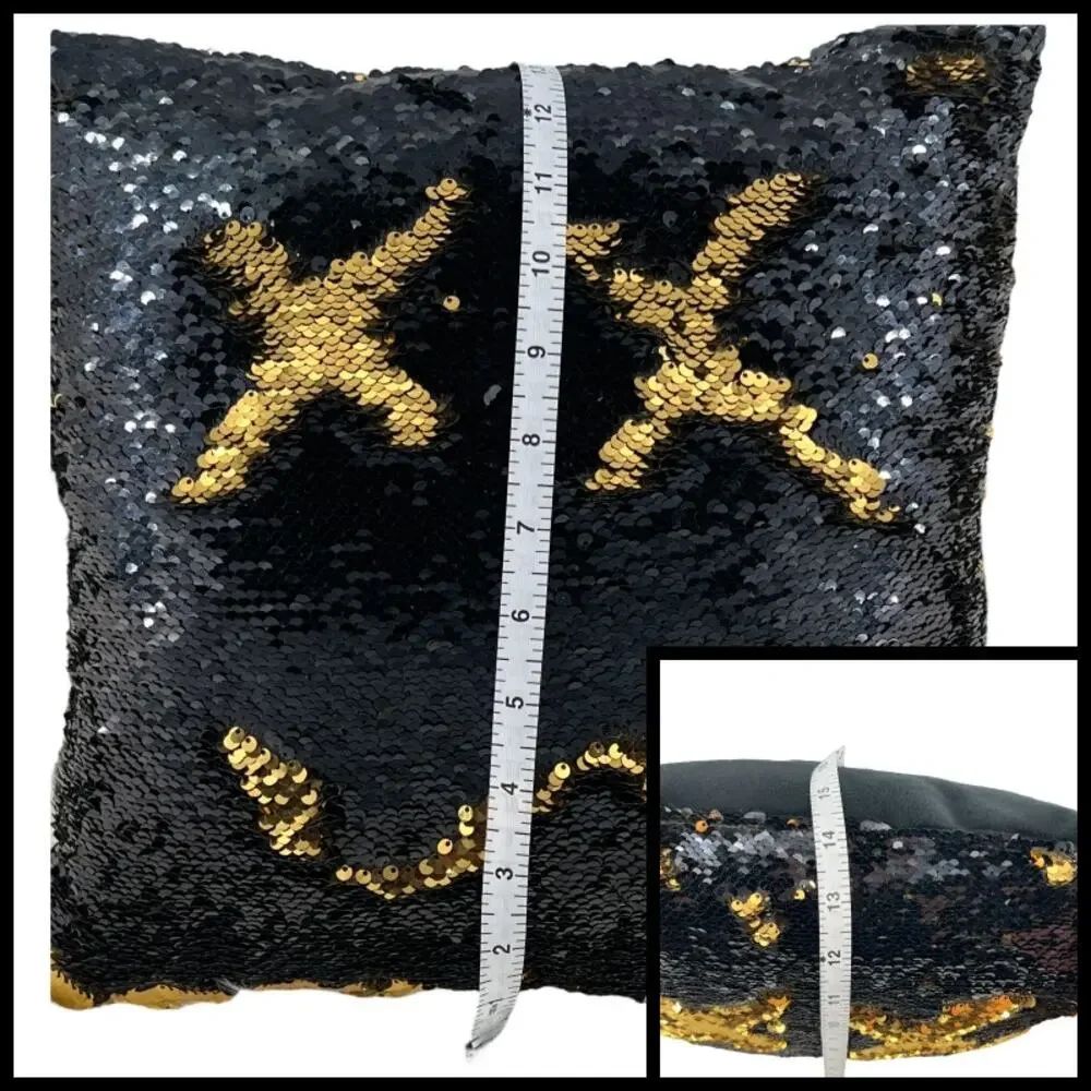 Square Sequin Magic Mermaid Throw Pillow Sparkling Black/Gold Color Shift -Black